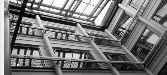Vista des de sota de l’interior d’un pati de llums envidrat d’un edifici modern d’estructura metàl·lica blanca