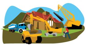 Dibujo colorido de una casa en construcción con cuatro máquinas (grúas, hormigonera...) en primer plano