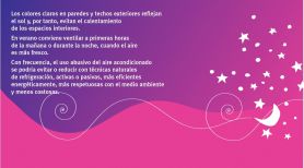 Cartel dividido en dos horizontalmente con un color morado superior y rosa inferior con texto y una luna y estrellas en blanco