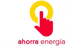 Logotipo de la marca Ahorra Energía. Refleja la acción de una mano sobre un interruptor.