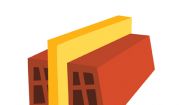 Dibujo en primer plano transversal de dos ladrillos rojos separados por un aislante de color amarillo
