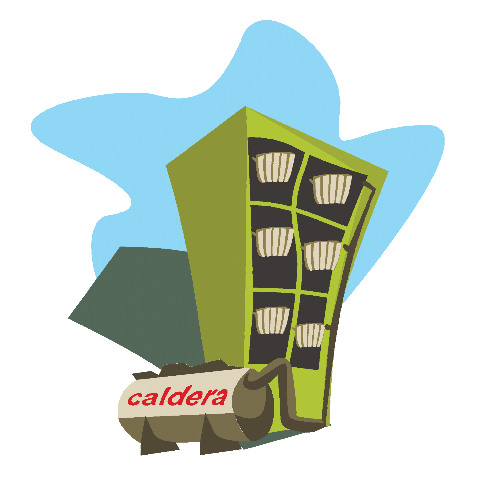 Esquema de calefacción centralizada para bloque de viviendas. Se destaca la imagen de la caldera conectada a los diferentes radiadores de agua caliente