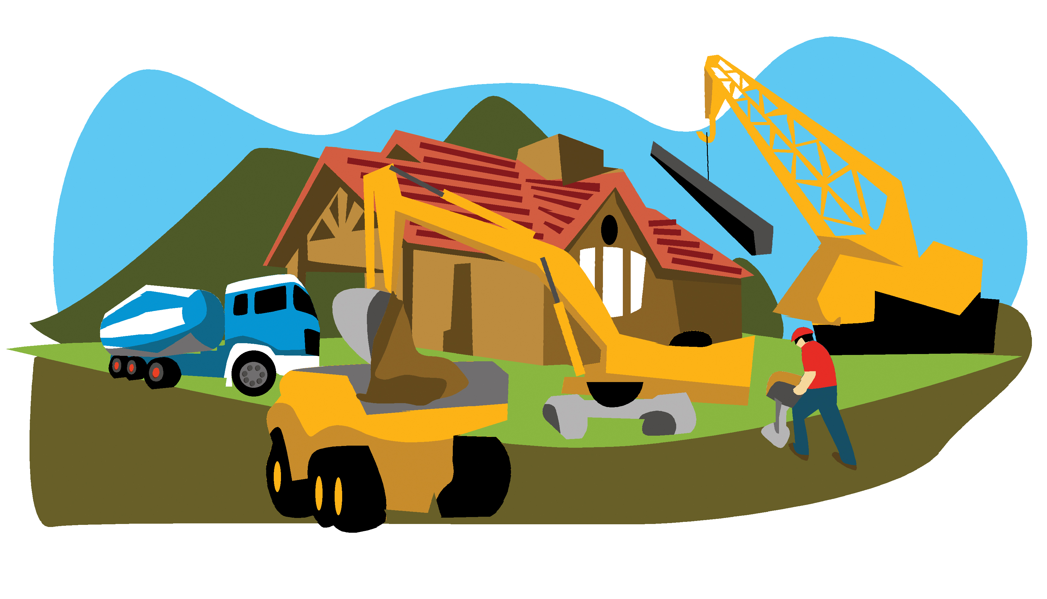 Dibujo colorido de una casa en construcción con cuatro máquinas (grúas, hormigonera...) en primer plano