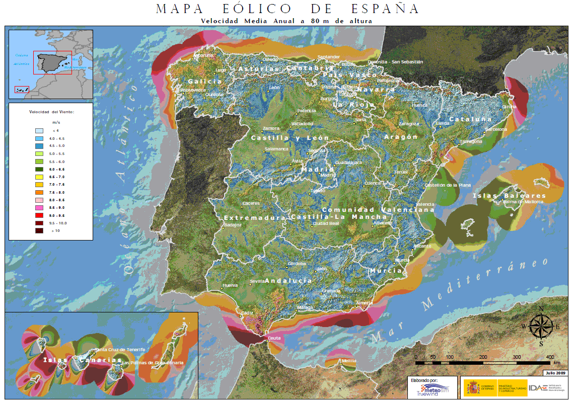 Atlas eólico de España: Ejemplo de los resultados del estudio de viento para todo el territorio nacional.