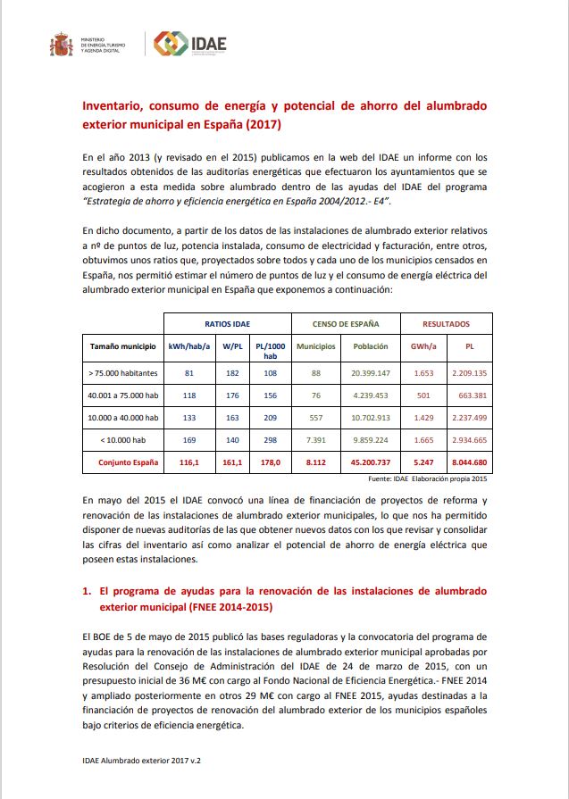Inventario, consumo de energía y potencial de ahorro del alumbrado  exterior municipal en España (2017)