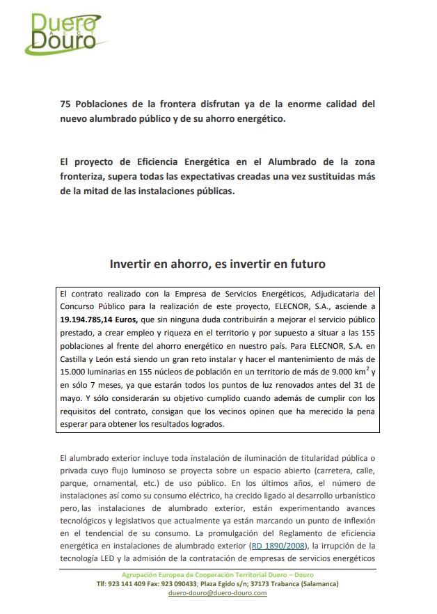 Proyecto Duero Douro de reforma del alumbrado de 155 ayuntamientos y pedanías