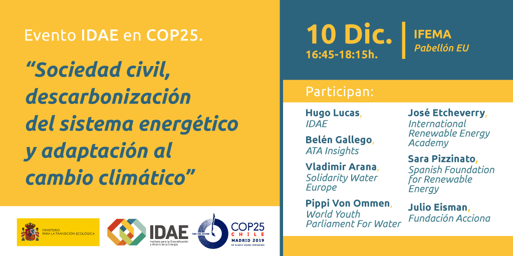 IDAE COP25. Evento-Debate Sociedad civil, descarbonización del sistema energético y adaptación al cambio climático